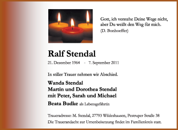 Todesanzeige von Ralf Stendal von KREISZEITUNG SYKE