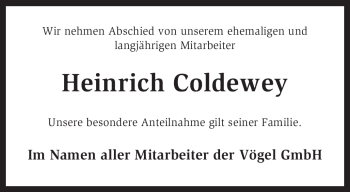 Todesanzeige von Heinrich Coldewey von KREISZEITUNG SYKE