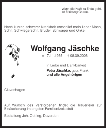 Todesanzeige von Wolfgang Jäschke von KREISZEITUNG SYKE