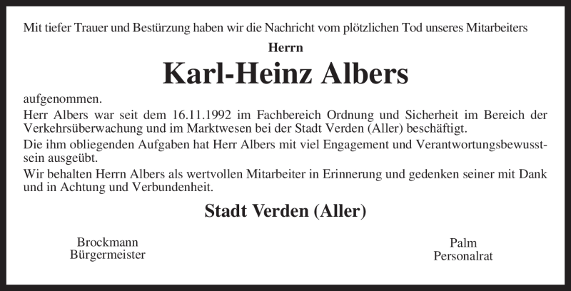  Traueranzeige für Karl-Heinz Albers vom 14.07.2009 aus KREISZEITUNG SYKE