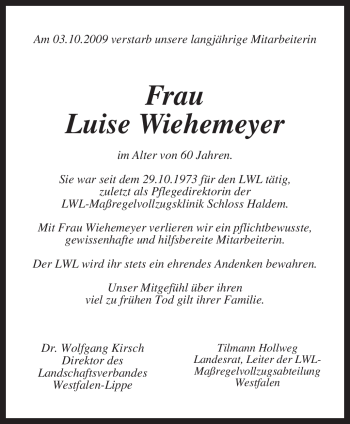 Todesanzeige von Luise Wiehemeyer von KREISZEITUNG SYKE