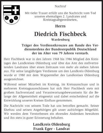 Todesanzeige von Diedrich Fischbeck von KREISZEITUNG SYKE