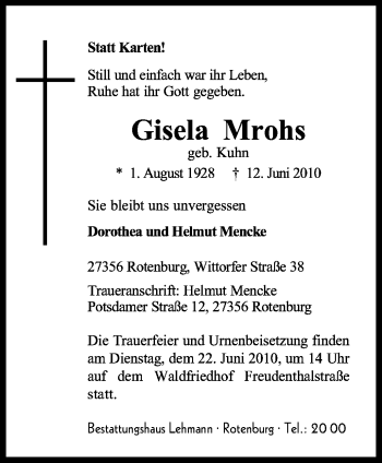 Todesanzeige von Gisela Mrohs von KREISZEITUNG SYKE