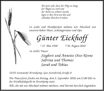 Todesanzeige von Günter Eickhoff von KREISZEITUNG SYKE