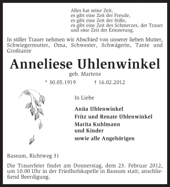 Todesanzeige von Anneliese Uhlenwinkel von KREISZEITUNG SYKE