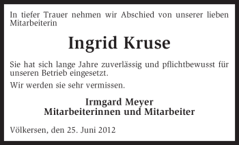 Todesanzeige von Ingrid Kruse von KREISZEITUNG SYKE