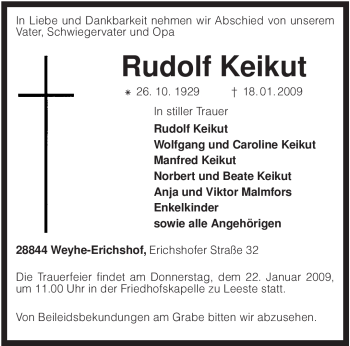 Todesanzeige von Rudolf Keikut von KREISZEITUNG SYKE