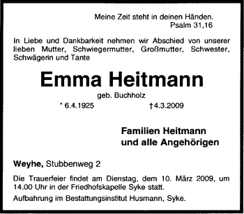Todesanzeige von Emma Heitmann von KREISZEITUNG SYKE