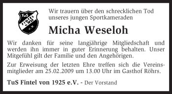 Todesanzeige von Micha Weseloh von KREISZEITUNG SYKE