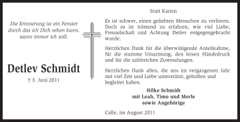 Todesanzeige von Detlev Schmidt von KREISZEITUNG SYKE