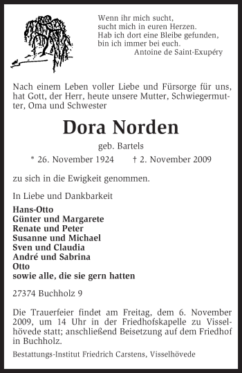 Todesanzeige von Dora Norden von KREISZEITUNG SYKE