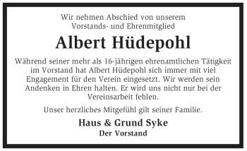 Todesanzeige von Albert Hüdepohl von KREISZEITUNG SYKE