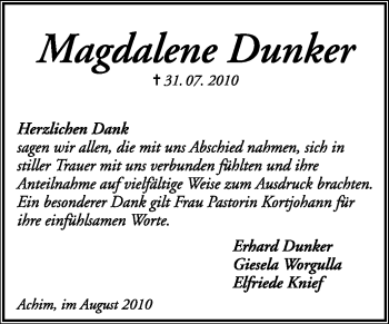 Todesanzeige von Magdalene Dunker von KREISZEITUNG SYKE
