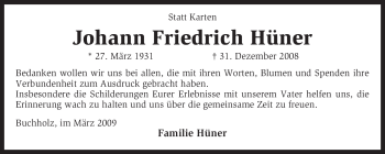 Todesanzeige von Johann Friedrich Hüner von KREISZEITUNG SYKE