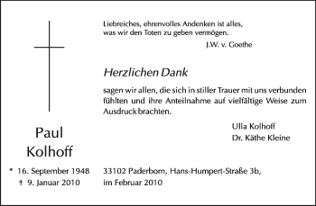 Todesanzeige von Paul Kolhoff von KREISZEITUNG SYKE