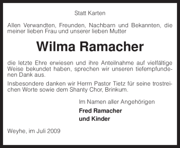 Todesanzeige von Wilma Ramacher von KREISZEITUNG SYKE