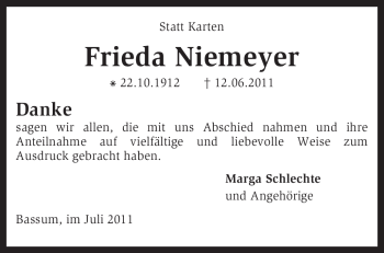 Todesanzeige von Frieda Niemeyer von KREISZEITUNG SYKE