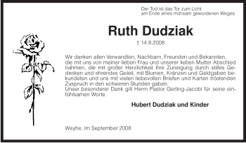 Todesanzeige von Ruth Dudziak von KREISZEITUNG SYKE