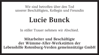 Todesanzeige von Lucie Bunck von KRZ