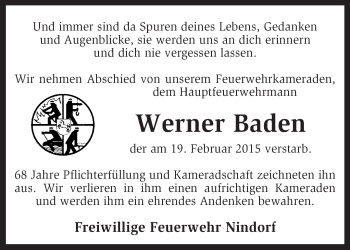 Todesanzeige von Werner Baden von KRZ