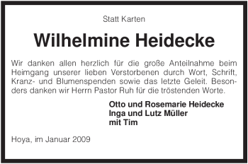 Todesanzeige von Wilhelmine Heidecke von KREISZEITUNG SYKE