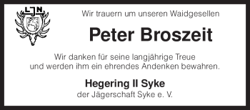 Todesanzeige von Peter Broszeit von KREISZEITUNG SYKE