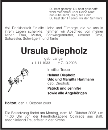 Todesanzeige von Ursula Diepholz von KREISZEITUNG SYKE