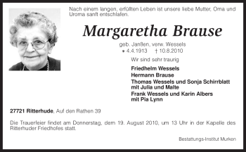 Todesanzeige von Margaretha Brause von KREISZEITUNG SYKE