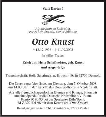 Todesanzeige von Otto Knust von KREISZEITUNG SYKE
