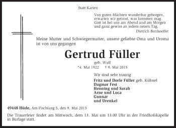 Todesanzeige von Gertrud Füller von KRZ