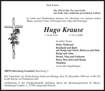 Todesanzeige von Hugo Krause von KREISZEITUNG SYKE