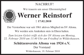 Todesanzeige von Werner Reinstorf von KREISZEITUNG SYKE