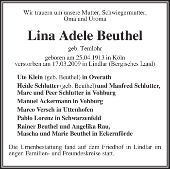 Todesanzeige von Lina Adele Beuthel von KREISZEITUNG SYKE