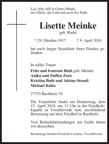Todesanzeige von Lisette Meinke von KREISZEITUNG SYKE