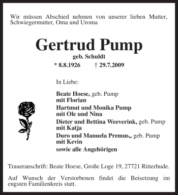 Todesanzeige von Gertrud Pump von KREISZEITUNG SYKE