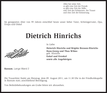 Todesanzeige von Dietrich Hinrichs von KREISZEITUNG SYKE