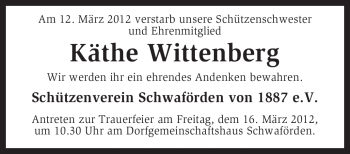 Todesanzeige von Käthe Wittenberg von KREISZEITUNG SYKE