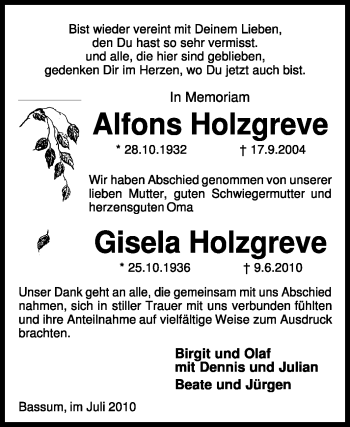 Todesanzeige von Alfons Holzgreve von KREISZEITUNG SYKE