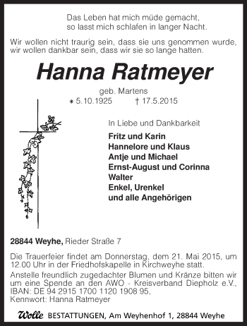 Todesanzeige von Hanna Ratmeyer von KRZ