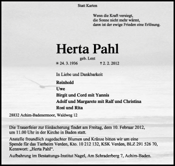 Todesanzeige von Herta Pahl von KREISZEITUNG SYKE