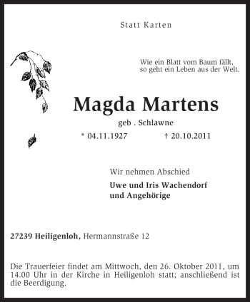 Todesanzeige von Madga Martens von KREISZEITUNG SYKE