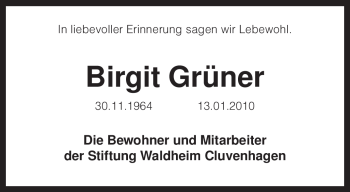 Todesanzeige von Birgit Grüner von KREISZEITUNG SYKE