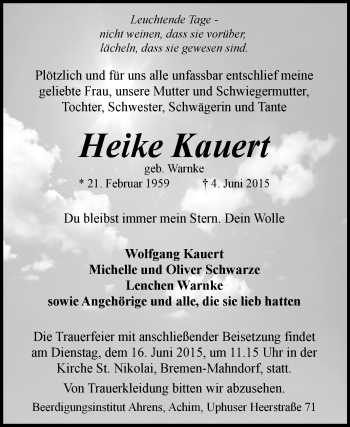 Todesanzeige von Heike Kauert von KRZ