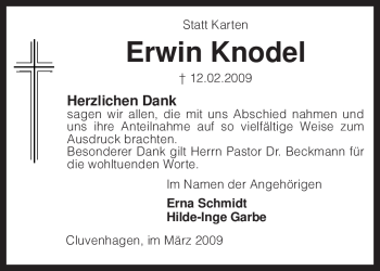 Todesanzeige von Erwin Knodel von KREISZEITUNG SYKE
