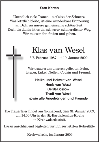 Todesanzeige von Klas van Wesel von KREISZEITUNG SYKE