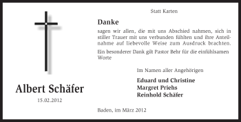 Todesanzeige von Albert Schäfer von KREISZEITUNG SYKE