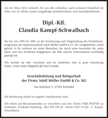 Todesanzeige von Claudia Kampf-Schwalbach von KREISZEITUNG SYKE