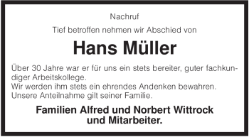 Todesanzeige von Hans Müller von KREISZEITUNG SYKE