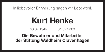 Todesanzeige von Kurt Henke von KREISZEITUNG SYKE