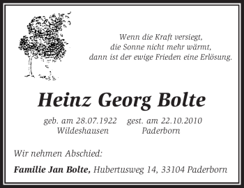 Todesanzeige von Heinz Georg Bolte von KREISZEITUNG SYKE